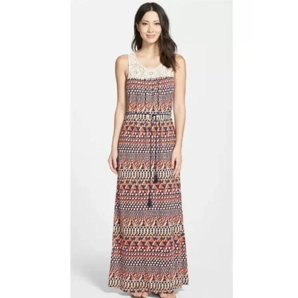 NWT- Lucky Brand XL $99 Blue/Orange Geometric Crocheted Top Sleeveless Maxi